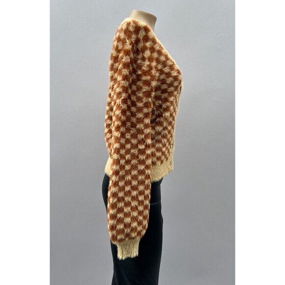 Hem & Thread Checkered Fuzzy Button Cardigan Sweater Balloon Sleeves Women M NWT - Picture 3 of 12